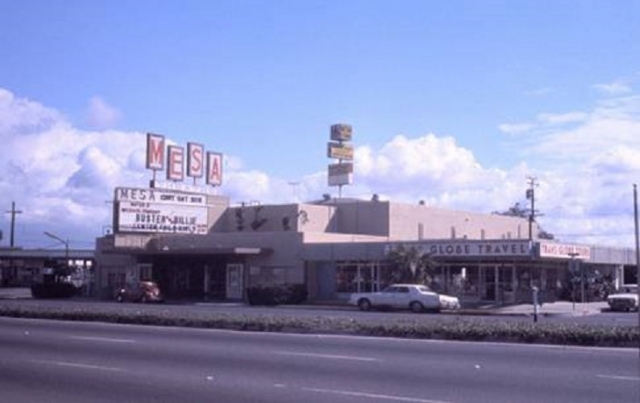 The old Mesa Theater and Globe Travel on Newport Blvd.