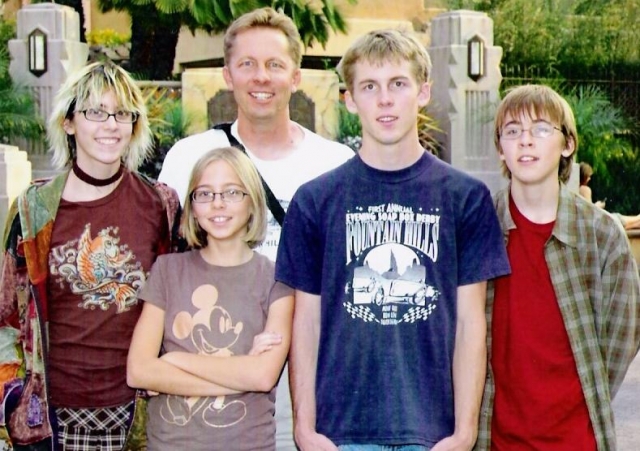 Bill Beamish and his four teenagers at Dizzyland in 2007