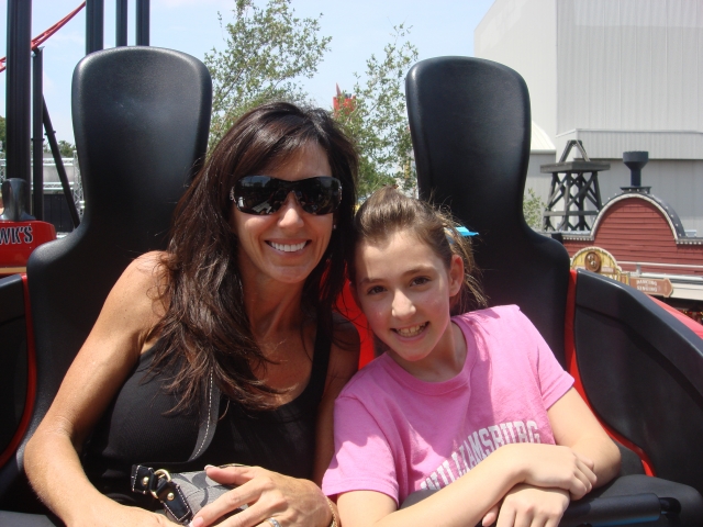 Me, (Cindy Bell), and my daughter, Cara, on Tony Hawks Big Spin at Six Flags Over Texas.